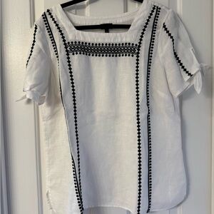 Talbots White Blouse with Black Embroidery
